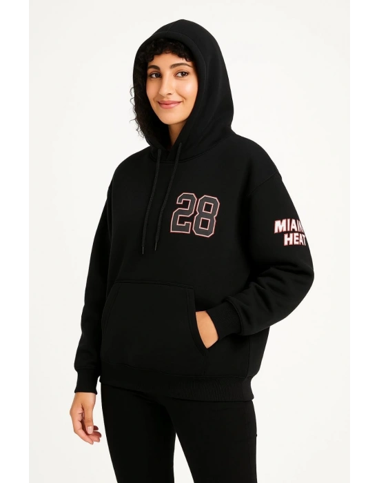 Kadın 3 İplik Pamuklu Kapüşonlu Kanguru Cepli Baskılı Hoodie Sweatshirt - Siyah