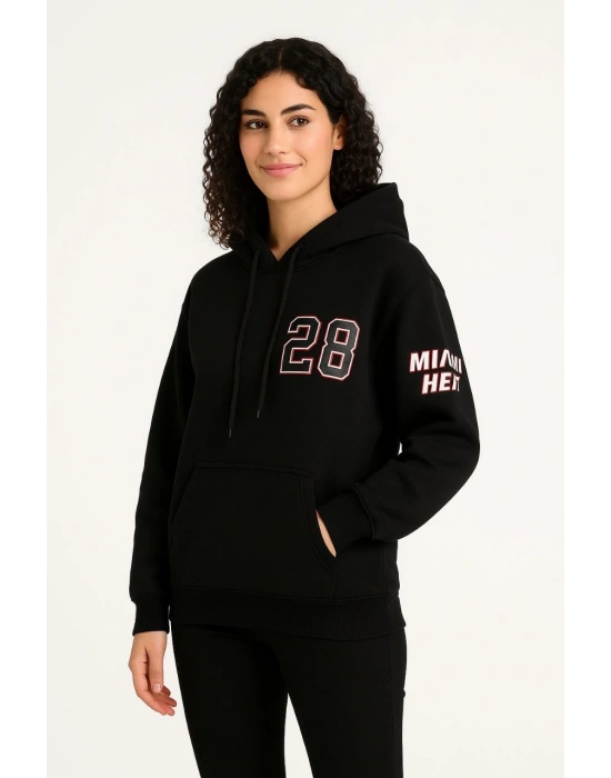 Kadın 3 İplik Pamuklu Kapüşonlu Kanguru Cepli Baskılı Hoodie Sweatshirt - Siyah