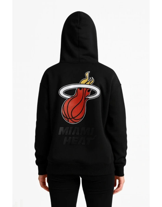Kadın 3 İplik Pamuklu Kapüşonlu Kanguru Cepli Baskılı Hoodie Sweatshirt - Siyah