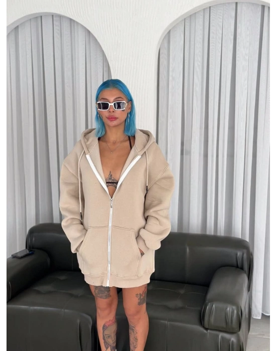 Kadın 3 İplik Pamuklu Kapüşonlu Kanguru Cepli Baskılı Oversize Hoodie Sweatshirt - Bej