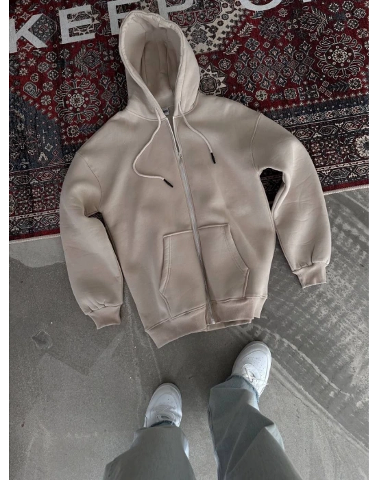 Kadın 3 İplik Pamuklu Kapüşonlu Kanguru Cepli Baskılı Oversize Hoodie Sweatshirt - Bej