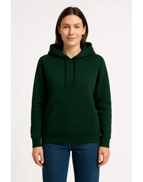 Kadın 3 İplik Pamuklu Kapüşonlu Kanguru Cepli Sweatshirt hoodie - Haki