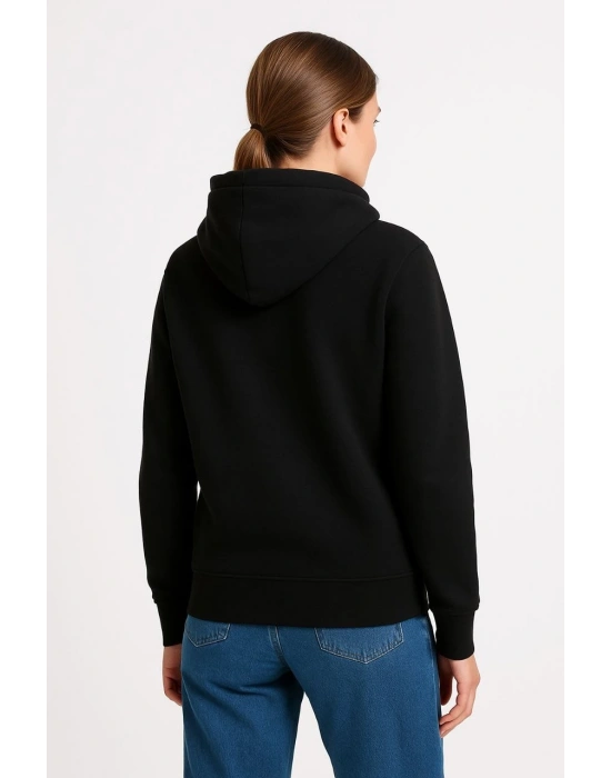Kadın 3 İplik Pamuklu Kapüşonlu Kanguru Cepli Sweatshirt hoodie - Siyah