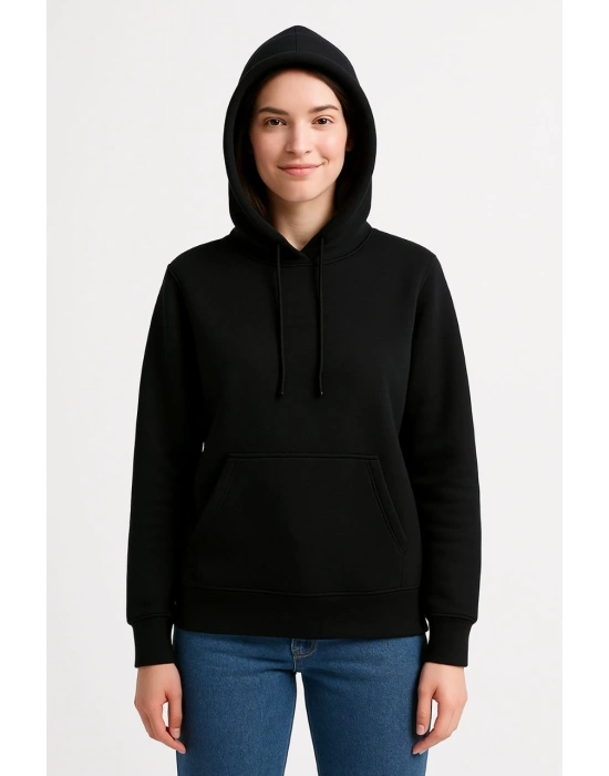 Kadın 3 İplik Pamuklu Kapüşonlu Kanguru Cepli Sweatshirt hoodie - Siyah