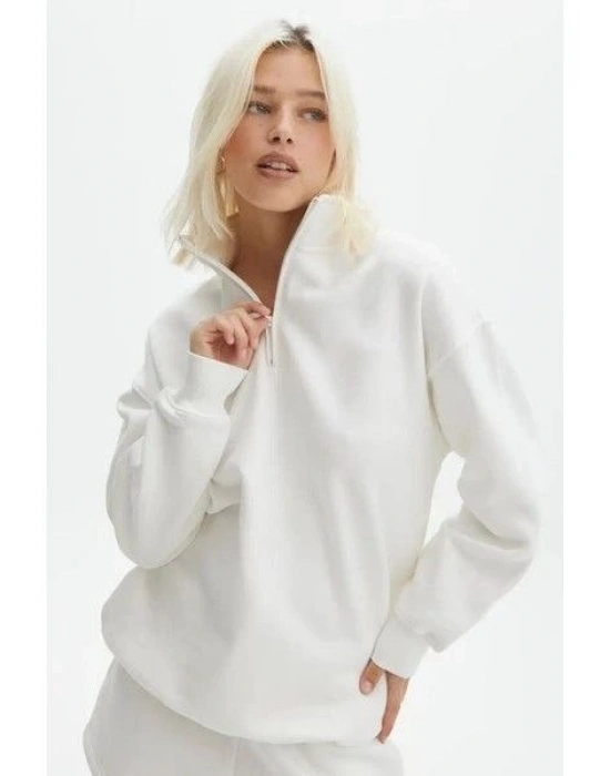 Kadın 3 İplik Pamuklu Oversize Yarım Fermuarlı Yakalı Basic Sweatshirt - Beyaz