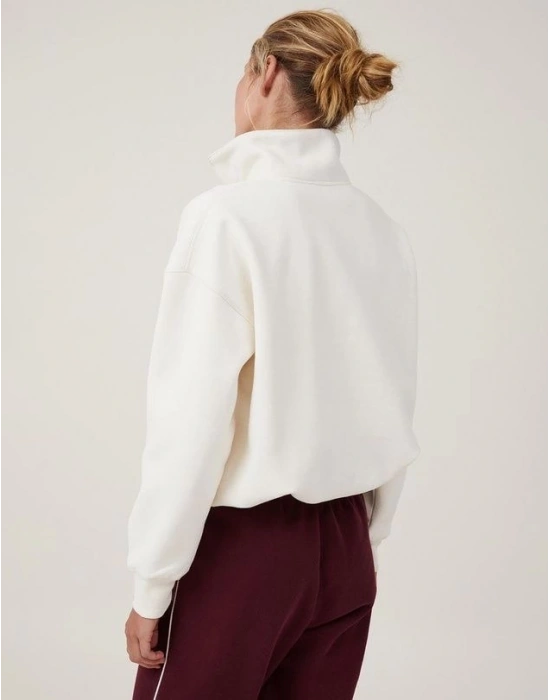 Kadın 3 İplik Pamuklu Oversize Yarım Fermuarlı Yakalı Basic Sweatshirt - Beyaz