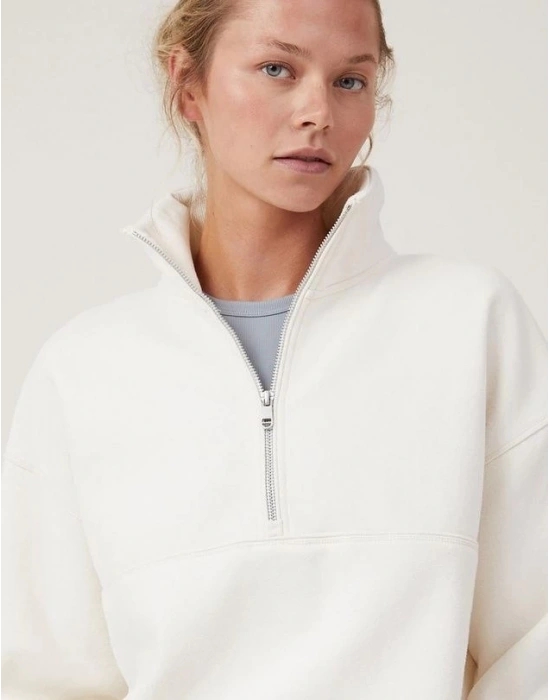 Kadın 3 İplik Pamuklu Oversize Yarım Fermuarlı Yakalı Basic Sweatshirt - Beyaz