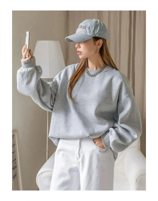 Kadın 3 İplik Pamuklu Oversize Yarım Fermuarlı Yakalı Basic Sweatshirt - Gri