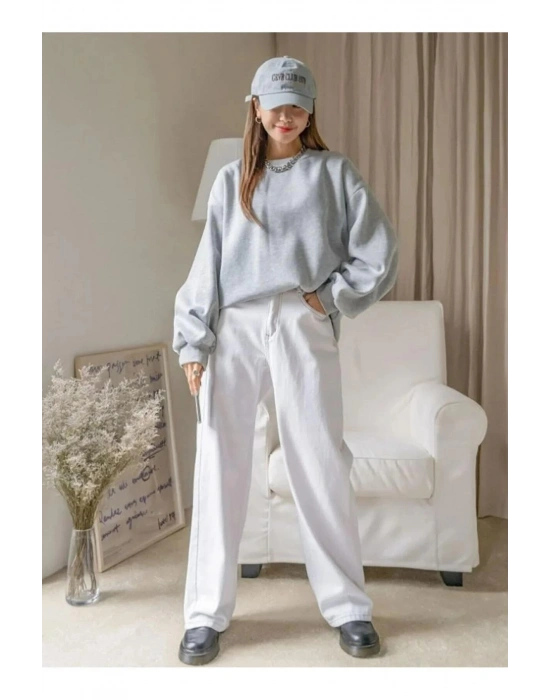 Kadın 3 İplik Pamuklu Oversize Yarım Fermuarlı Yakalı Basic Sweatshirt - Gri