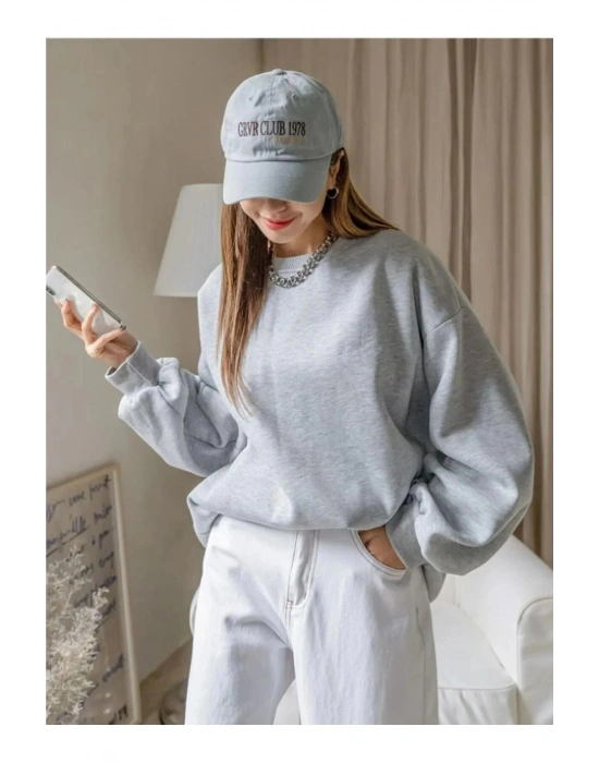 Kadın 3 İplik Pamuklu Oversize Yarım Fermuarlı Yakalı Basic Sweatshirt - Gri