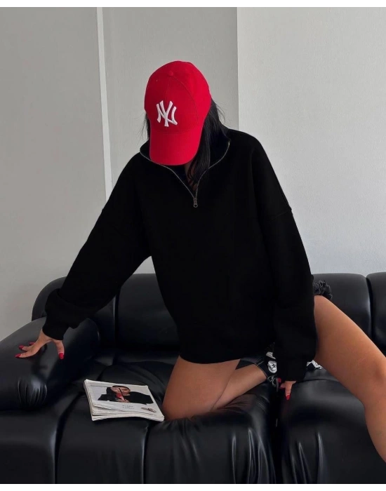 Kadın 3 İplik Pamuklu Oversize Yarım Fermuarlı Yakalı Basic Sweatshirt - Siyah
