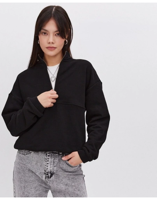 Kadın 3 İplik Pamuklu Oversize Yarım Fermuarlı Yakalı Basic Sweatshirt - Siyah