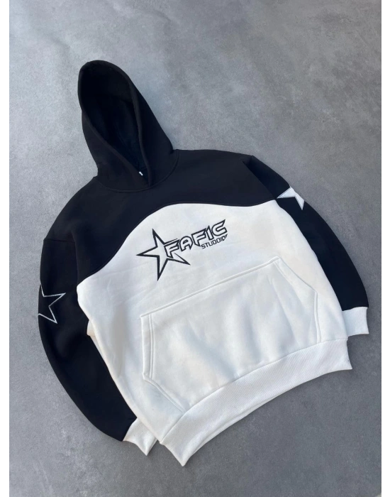 Kadın 3 İplik Pamuklu Parçalı Nakış İşlemelı Kapüşonlu SweatShirt Hoodie - Siyah