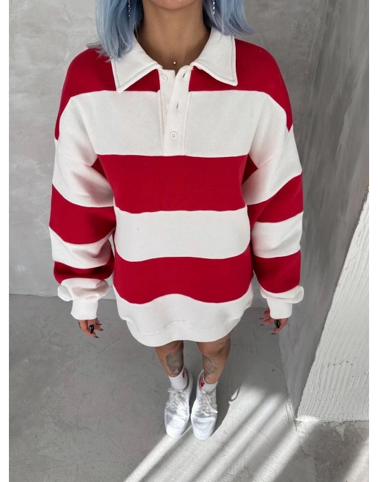 Kadın 3 İplik Pamuklu Parçalı Yakalı SweatShirt - Kırmızı