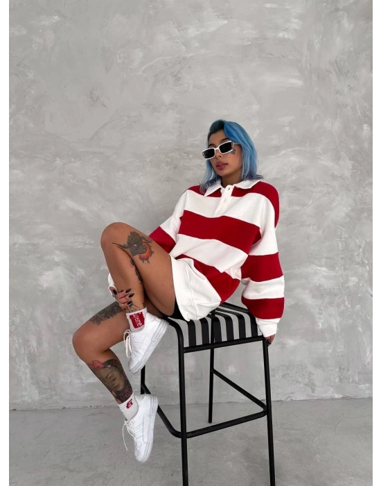 Kadın 3 İplik Pamuklu Parçalı Yakalı SweatShirt - Kırmızı