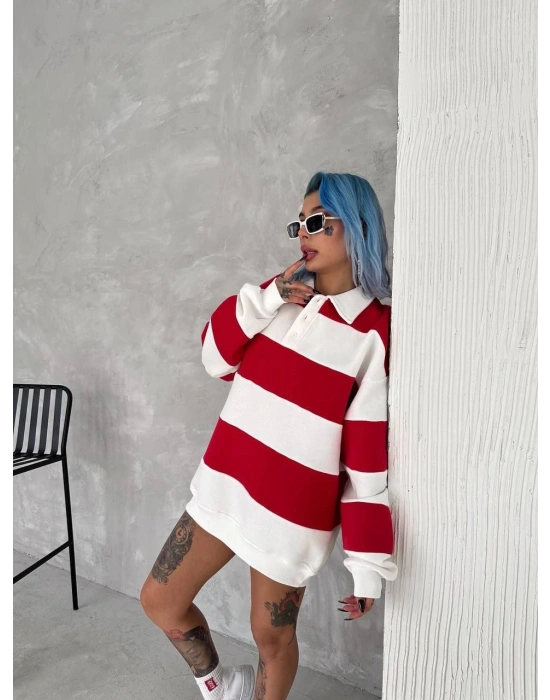 Kadın 3 İplik Pamuklu Parçalı Yakalı SweatShirt - Kırmızı