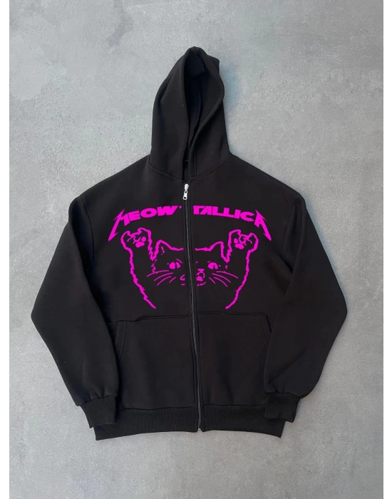 Kadın 3 plik Kışlık Baskılı Fermuarlı Kapüşonlu Hırka - Siyah