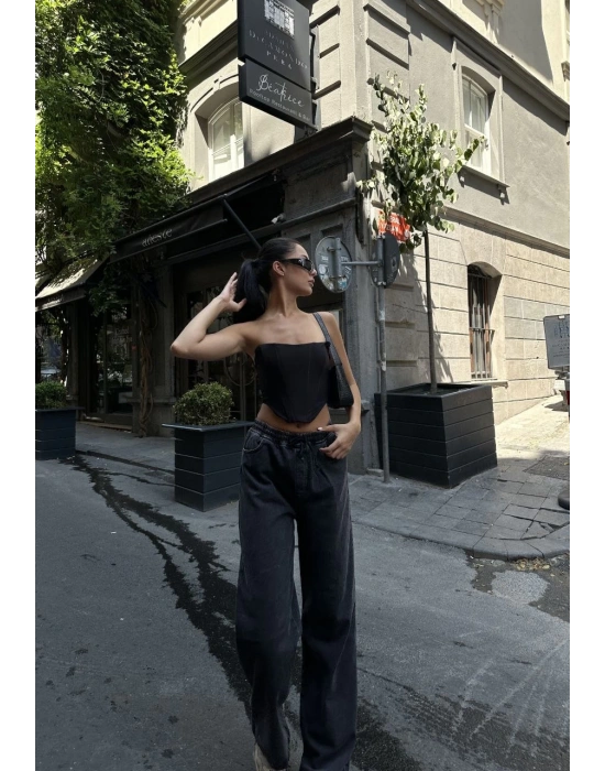 Kadın Arkadan Yırtmaçlı Jeans Kot Palazzo Pantolon - Siyah