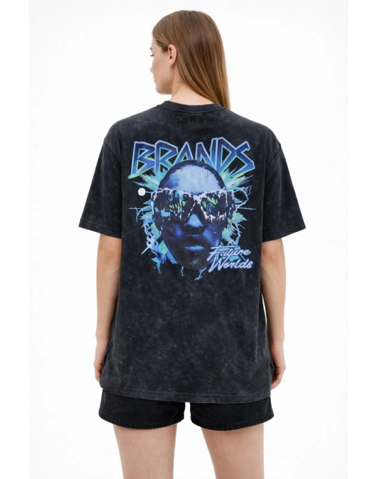 Kadın Asit Yıkamalı Oversize Tişört Bisiklet Yaka Kısa Kol T-shirt - Siyah