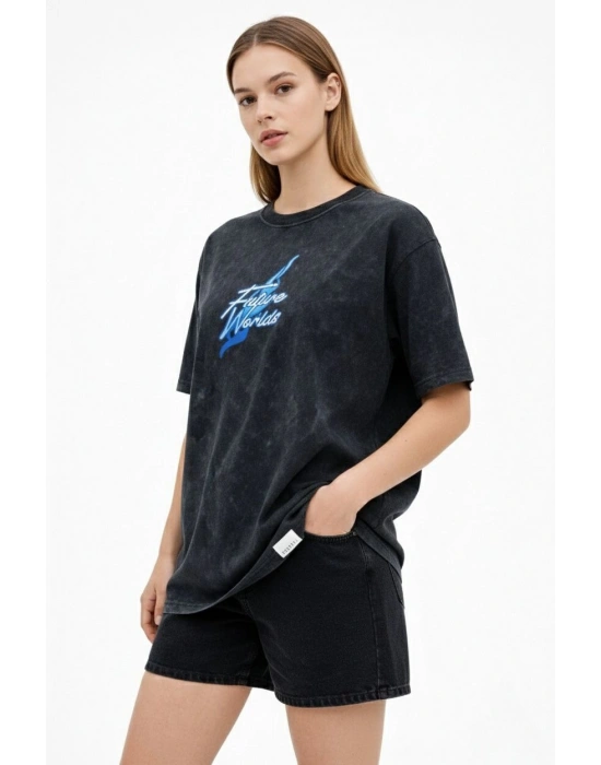 Kadın Asit Yıkamalı Oversize Tişört Bisiklet Yaka Kısa Kol T-shirt - Siyah