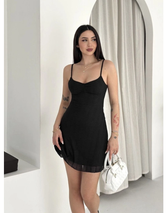 Kadın Askılı Mini Elbise Drapeli Göğüs Detay Likralı Yazlık Fit - Siyah