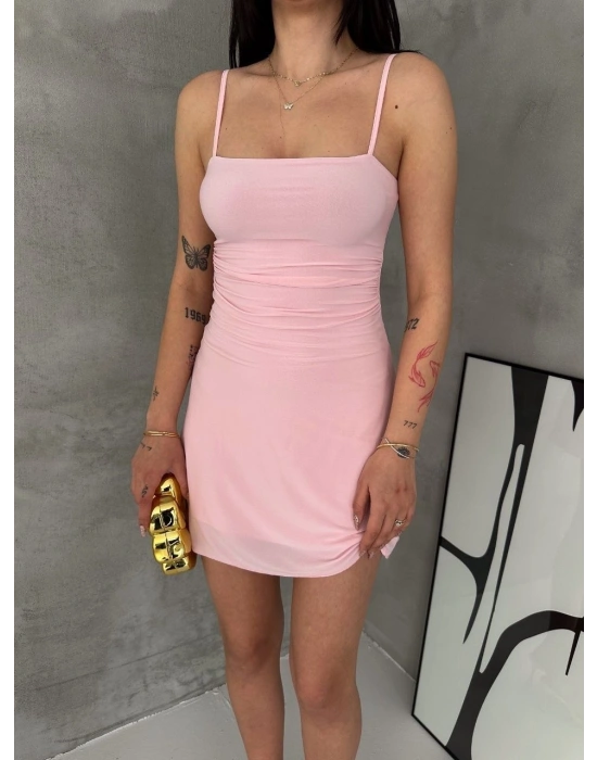 Kadın Askılı Şifon Mini Elbise Drapeli Bel Vücuda Oturan Yazlık Şık - Pembe