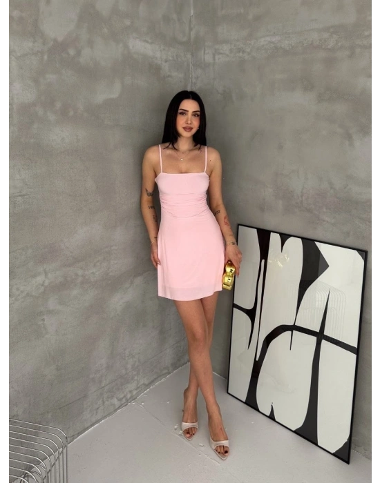 Kadın Askılı Şifon Mini Elbise Drapeli Bel Vücuda Oturan Yazlık Şık - Pembe