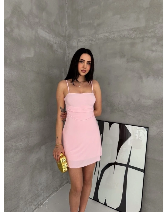 Kadın Askılı Şifon Mini Elbise Drapeli Bel Vücuda Oturan Yazlık Şık - Pembe