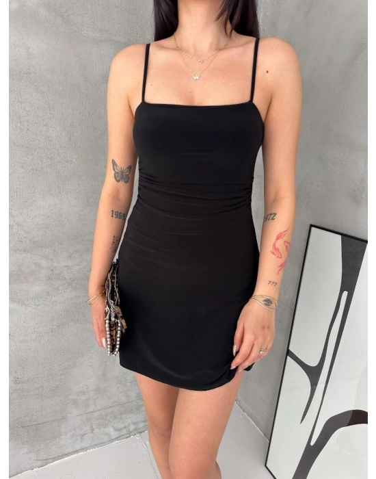 Kadın Askılı Şifon Mini Elbise Drapeli Bel Vücuda Oturan Yazlık Şık - Siyah