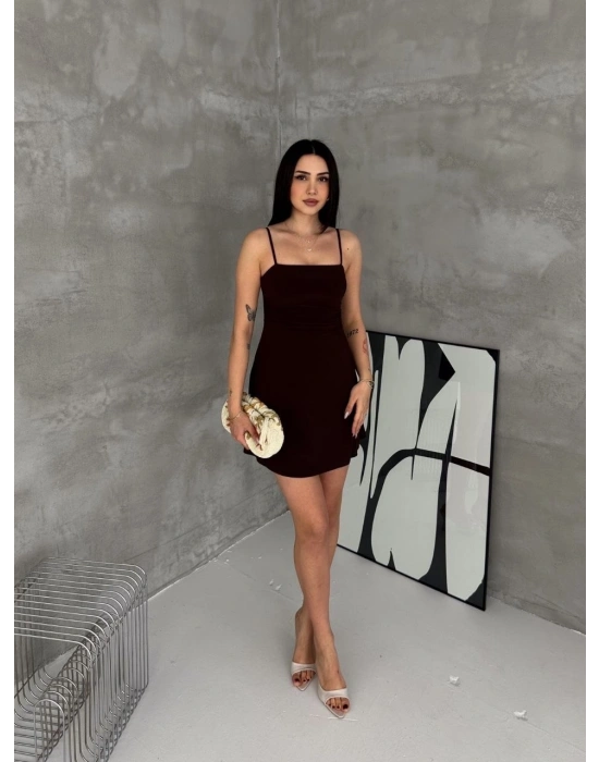 Kadın Askılı Şifon Mini Elbise Drapeli Bel Vücuda Oturan Yazlık Şık - Siyah