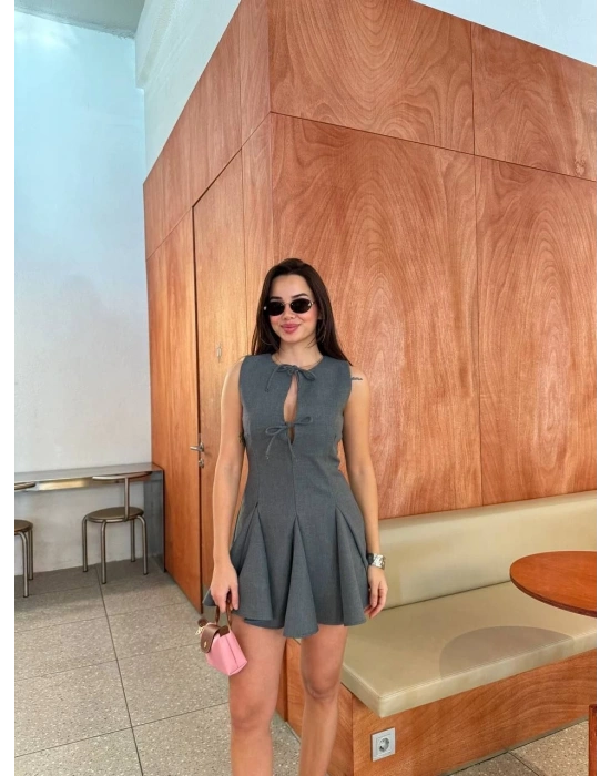 Kadın Bağcık detaylı Kolsuz Mini Elbise - Antrasit