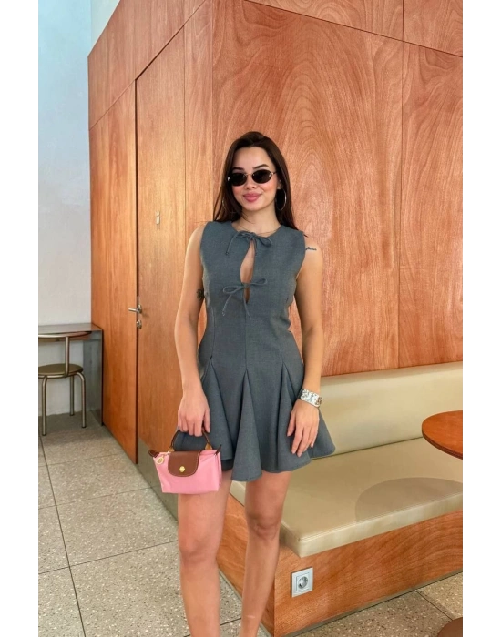 Kadın Bağcık detaylı Kolsuz Mini Elbise - Antrasit