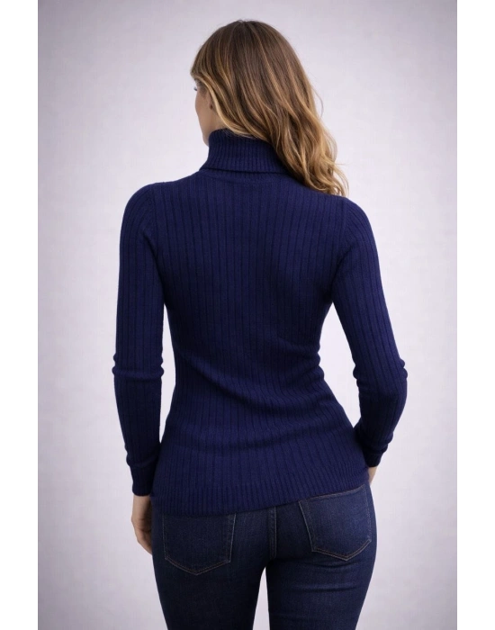 Kadın Balıkçı Yaka Boğazlı Triko Kazak Kalın Fitilli Regular Fit - Lacivert