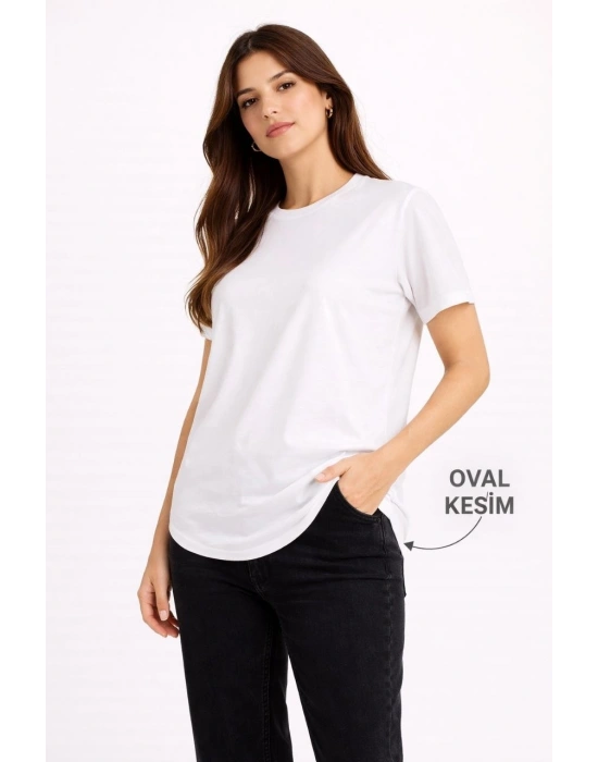 Kadın Basic T-Shirt Kısa Kol Bisiklet Yaka Oval Kesim Tişört - Beyaz