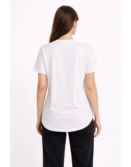 Kadın Basic T-Shirt Kısa Kol Bisiklet Yaka Oval Kesim Tişört - Beyaz