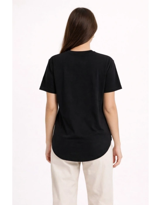 Kadın Basic T-Shirt Kısa Kol Bisiklet Yaka Oval Kesim Tişört - Siyah