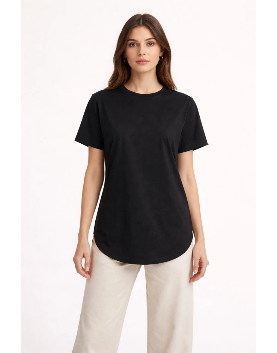 Kadın Basic T-Shirt Kısa Kol Bisiklet Yaka Oval Kesim Tişört - Siyah