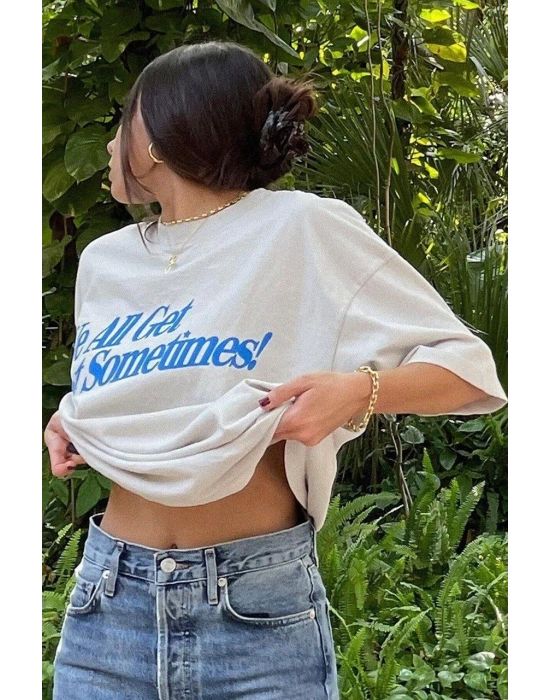 Kadın Baskılı Oversize kısa kol T-Shirt - Beyaz