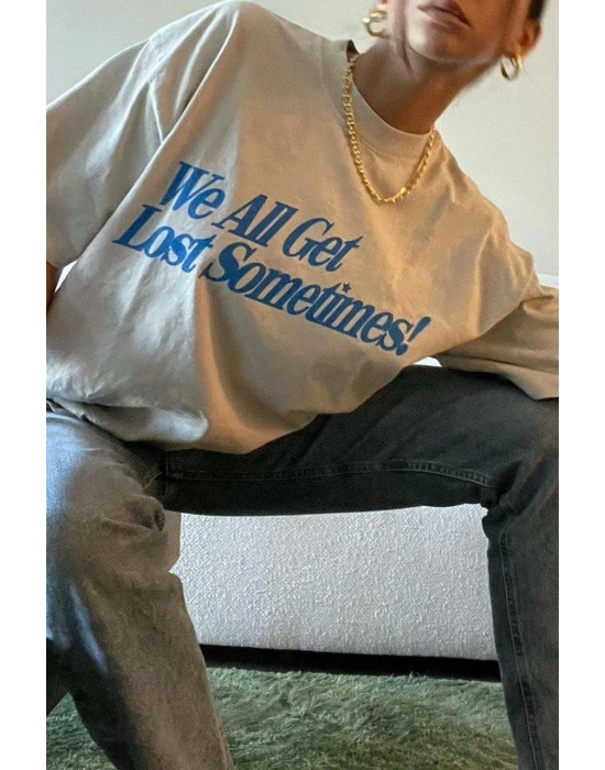 Kadın Baskılı Oversize kısa kol T-Shirt - Beyaz