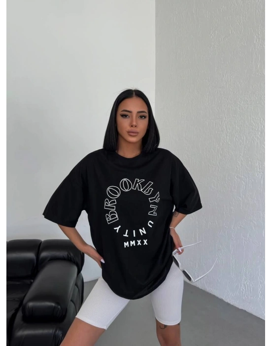 Kadın Baskılı T-Shirt Kısa Kol Bisiklet Yaka Oversize Rahat Kalıp Günlük Tişört - Siyah