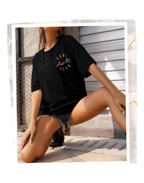 Kadın Baskılı T-Shirt Kısa Kol Bisiklet Yaka Oversize Rahat Kalıp Tişört - Siyah