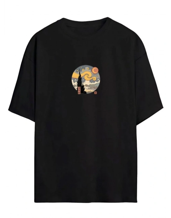 Kadın Baskılı T-Shirt Kısa Kol Bisiklet Yaka Oversize Rahat Kalıp Tişört - Siyah