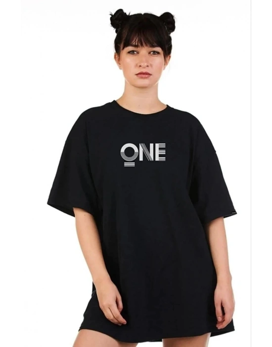 Kadın Baskılı T-Shirt Kısa Kol Bisiklet Yaka Oversize Rahat Kalıp Tişört - Siyah