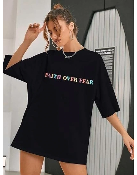 Kadın Baskılı T-Shirt Kısa Kol Bisiklet Yaka Oversize Rahat Kalıp Tişört - Siyah