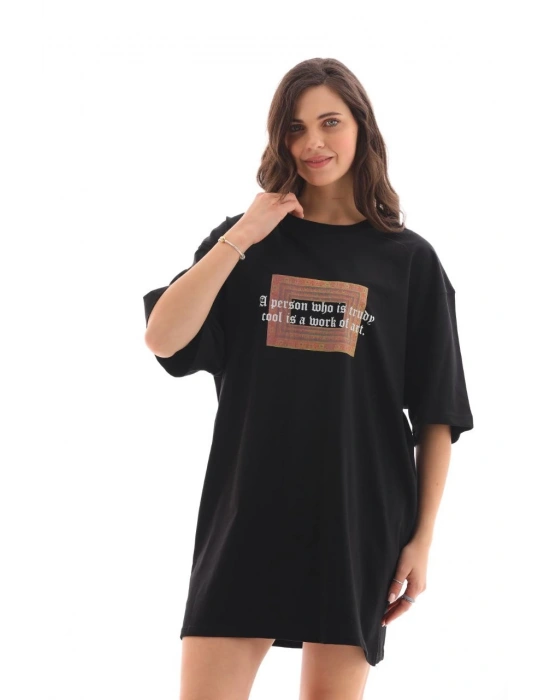 Kadın Baskılı T-Shirt Kısa Kol Bisiklet Yaka Oversize Rahat Kalıp Tişört - Siyah