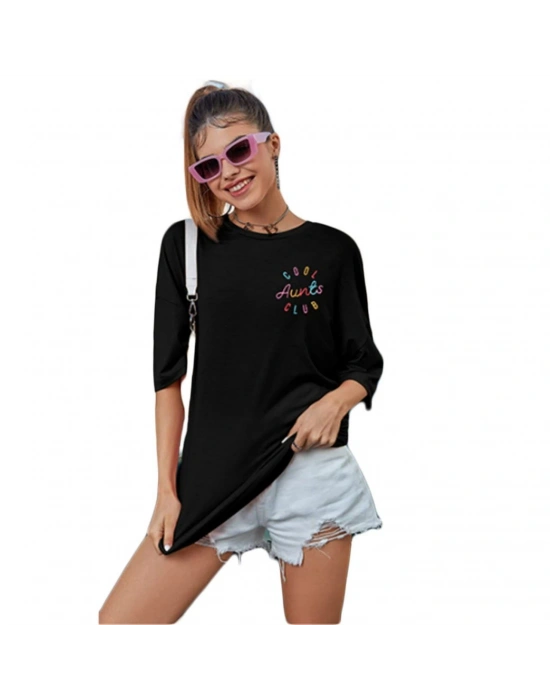 Kadın Baskılı T-Shirt Kısa Kol Bisiklet Yaka Oversize Rahat Kalıp Tişört - Siyah