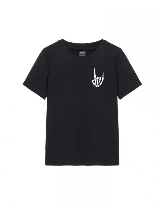 Kadın Baskılı T-Shirt Kısa Kol Bisiklet Yaka Oversize Rahat Kalıp Tişört - Siyah