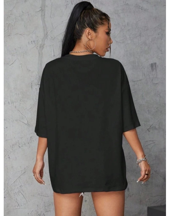 Kadın Baskılı T-Shirt Kısa Kol Bisiklet Yaka Oversize Rahat Kalıp Tişört - Siyah