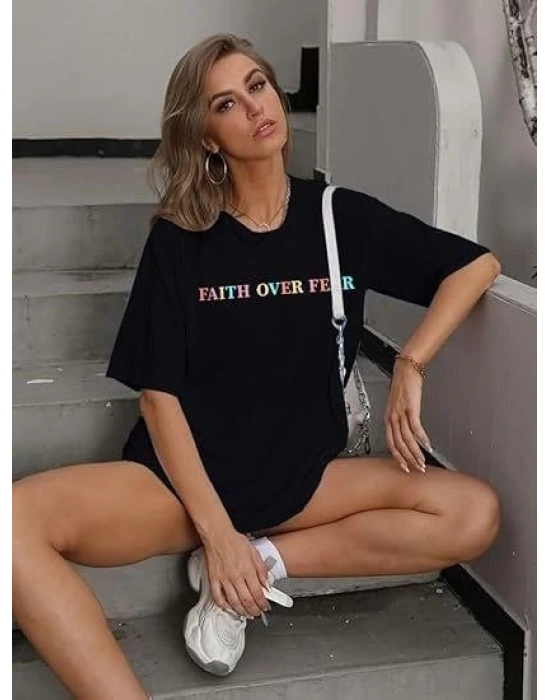 Kadın Baskılı T-Shirt Kısa Kol Bisiklet Yaka Oversize Rahat Kalıp Tişört - Siyah