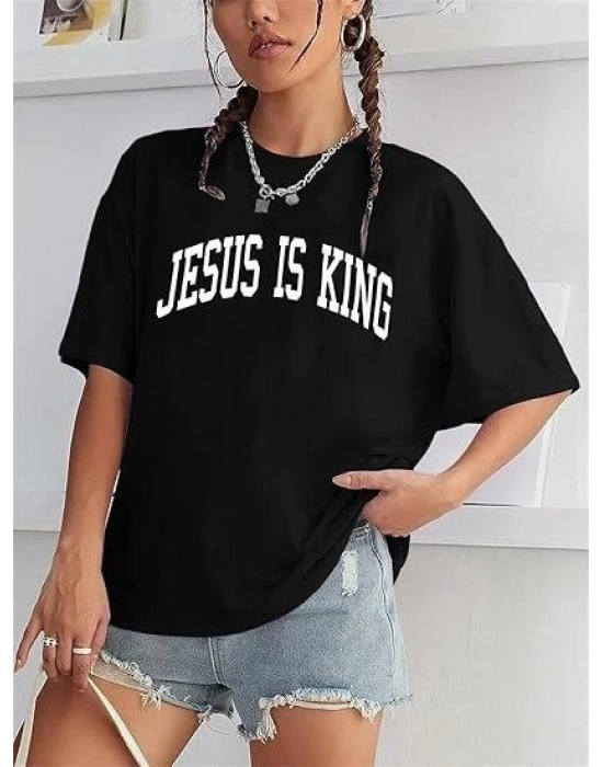 Kadın Baskılı T-Shirt Kısa Kol Bisiklet Yaka Oversize Rahat Kalıp Tişört - Siyah